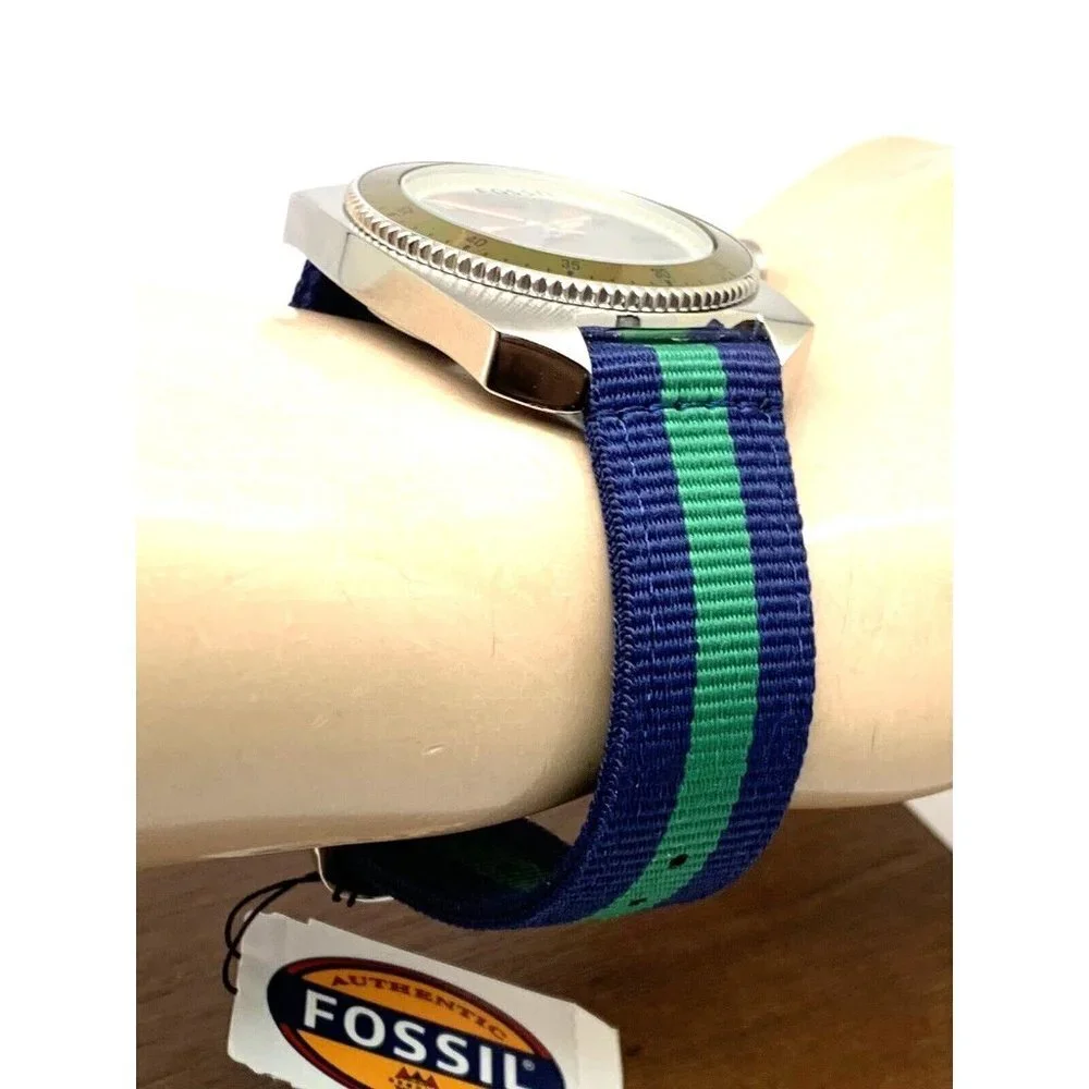 Fossil Mens Watch WB1043 Quartz Green Dial 38mm Stainless Steel Case Nylon Strap